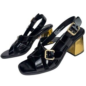 Worthington Womens Size 8 Sandal Heels Black Buckle 3" Gold Block Shoes New